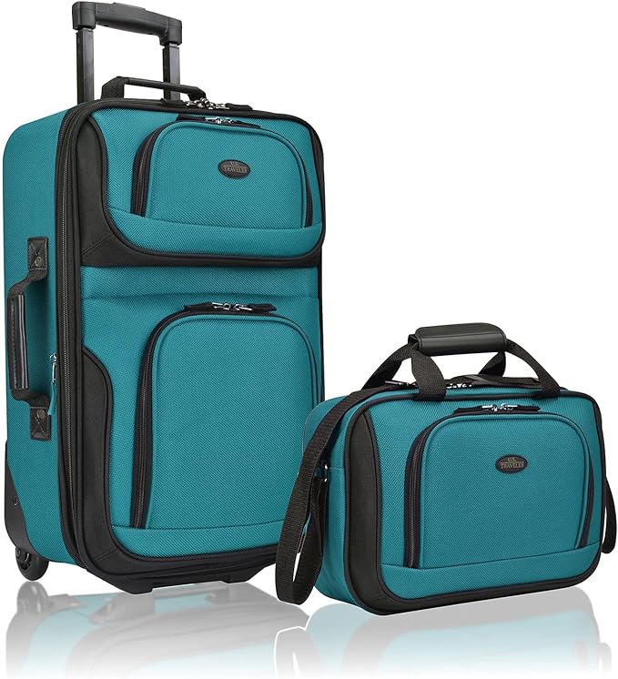U.S. Traveler Rio Rugged Fabric Expandable Carry-on Luggage, 2 Wheel Rolling Suitcase, Teal, Set
